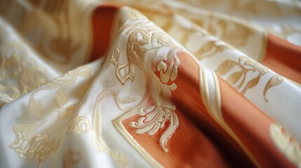 Cream and rust fabric with ornate gold design