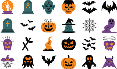 Collection of halloween icons with pumpkins ghosts bats and gravestones