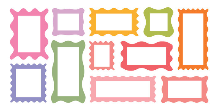 Zigzag wavy frame borders. Color rectangle frames with wiggly borders. Cloudy wave curve edge frame vector set colorful wavy edge frames. vector illustration. 