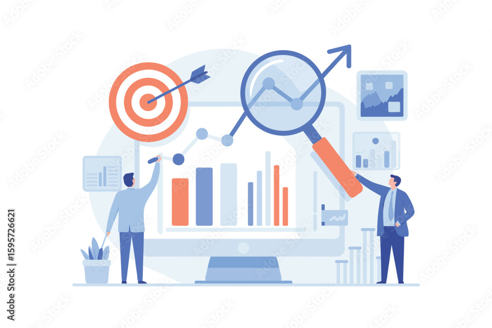 Poster two people analyzing data with a magnifying glass and target on a computer screen in a flat design s