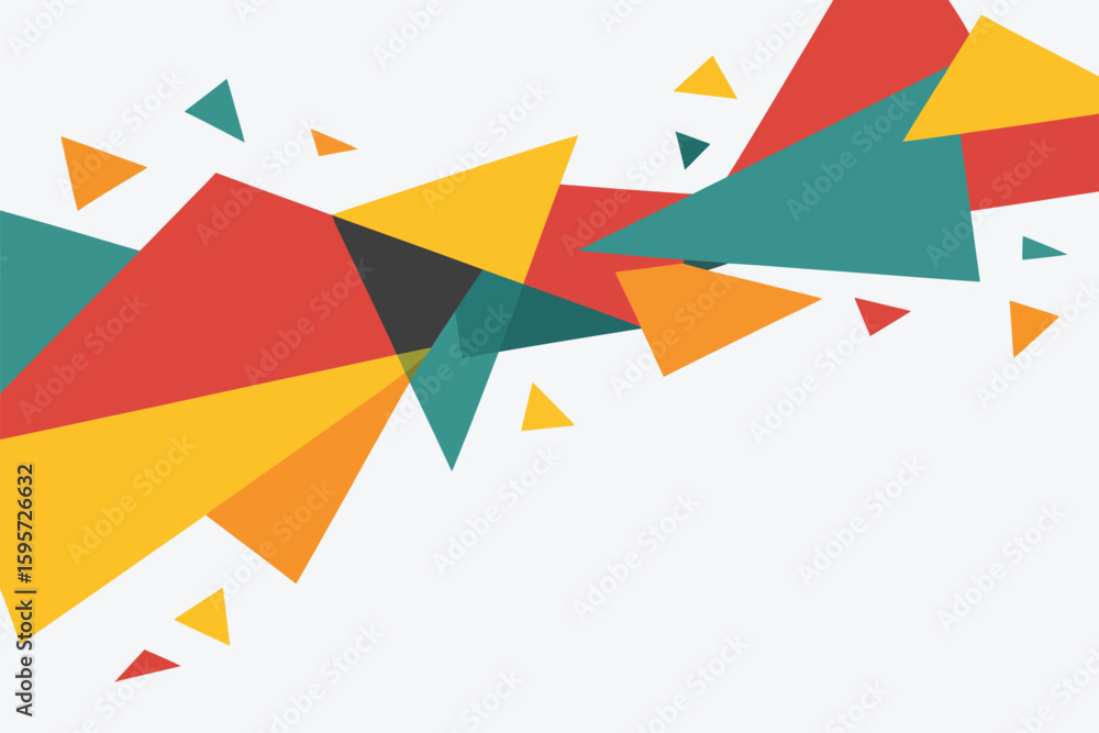 Poster a scattered array of colorful triangles in red yellow green and orange on a white background space