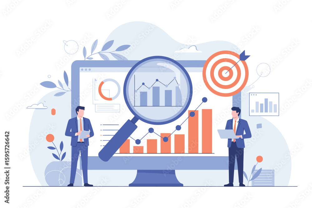 Poster two businessmen analyzing data on a large computer screen with charts and a magnifying glass tool