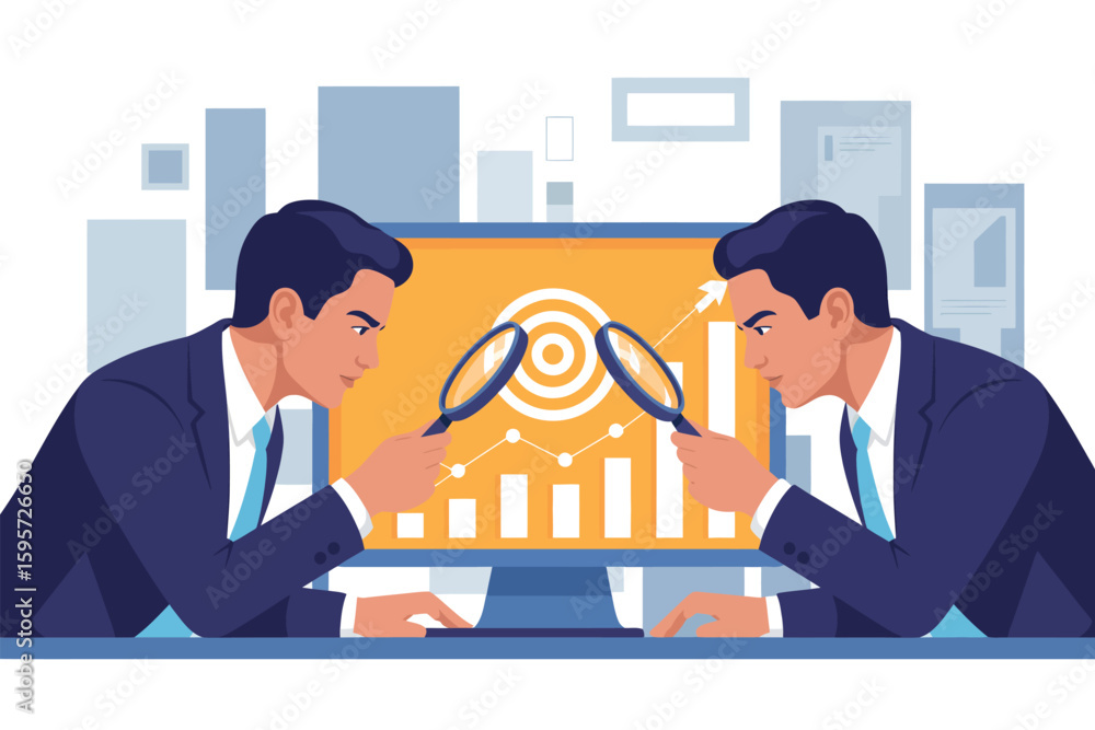 Aufkleber two businessmen analyzing data on a computer screen with magnifying glasses in a business setting