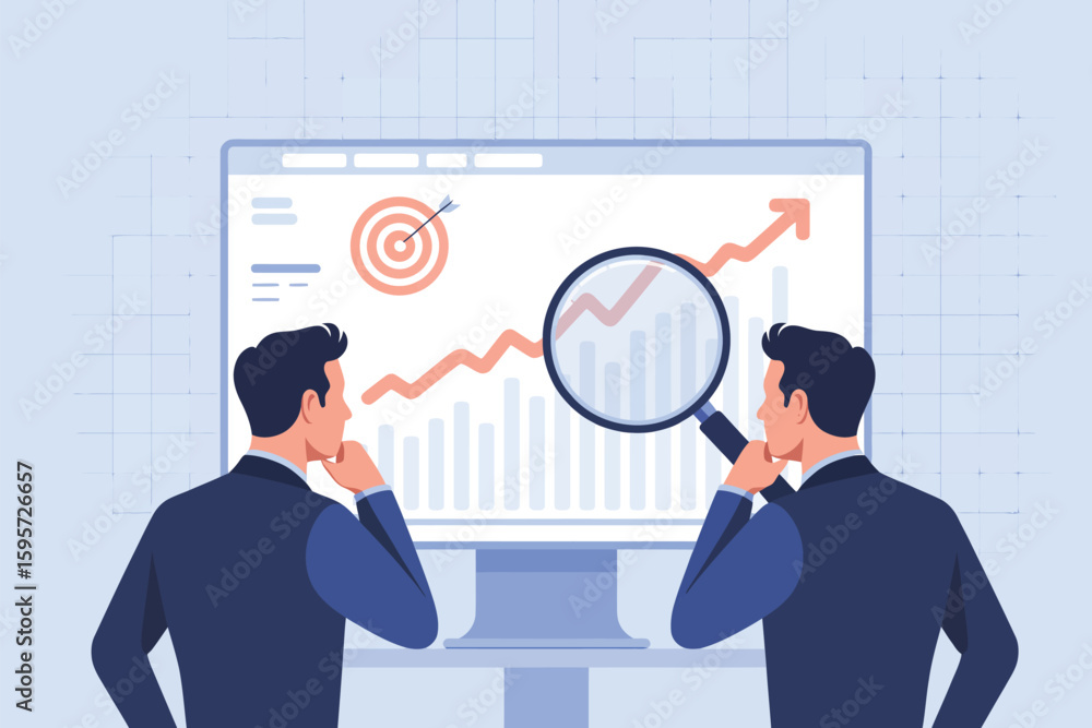 Poster two men analyzing a computer screen with a rising graph and a target using a magnifying glass