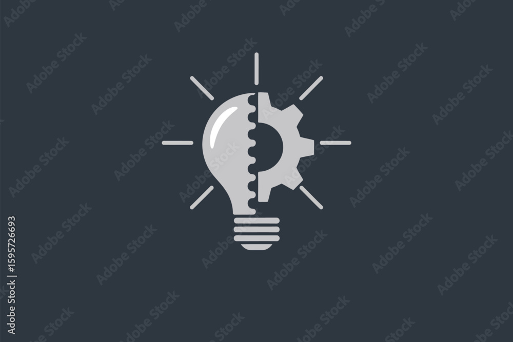 Poster a lightbulb with a gear on the right side and rays coming out from the bulb on a dark gray backgroun