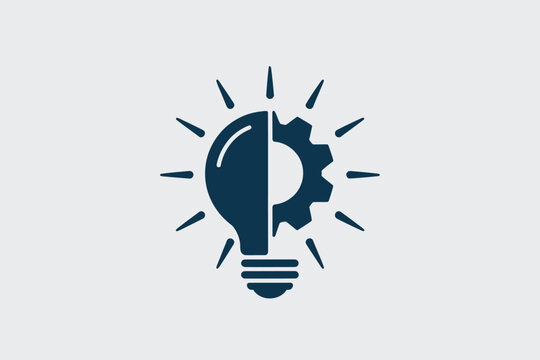 A stylized image of a lightbulb combined with a gear on a light gray background with rays around it