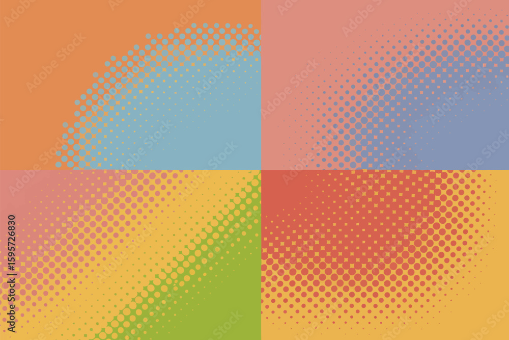 Poster a colorful halftone pattern divided into four quadrants with different color combinations and dot de