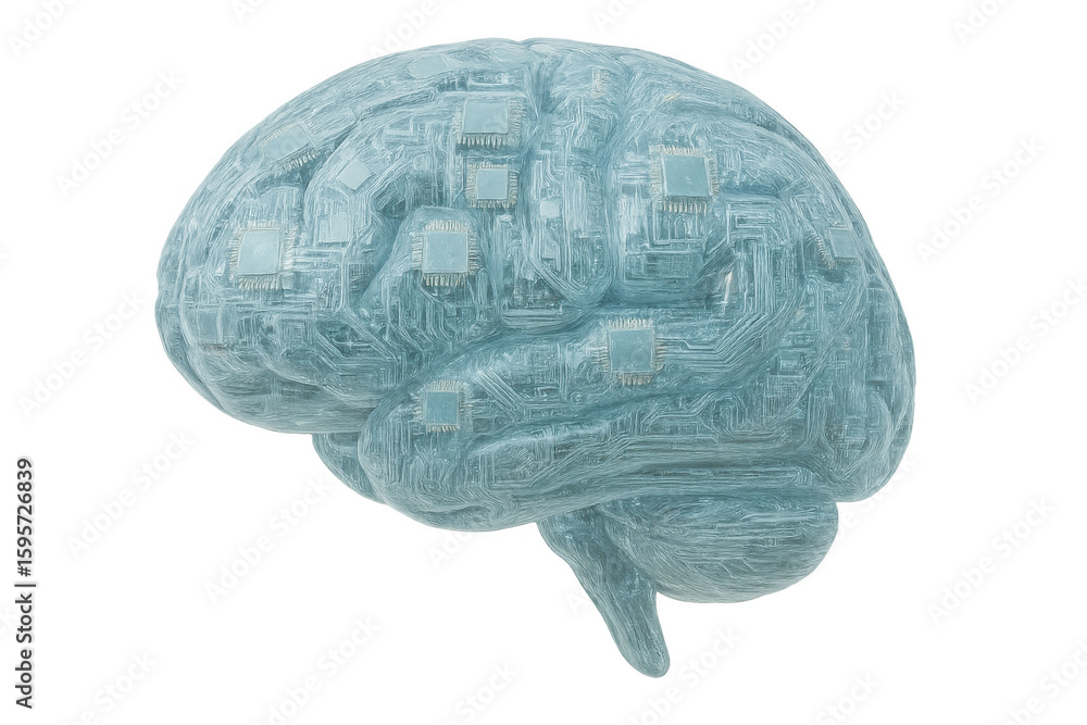 Poster glassy brain showing microchips and circuits, representing artificial intelligence and advanced comp
