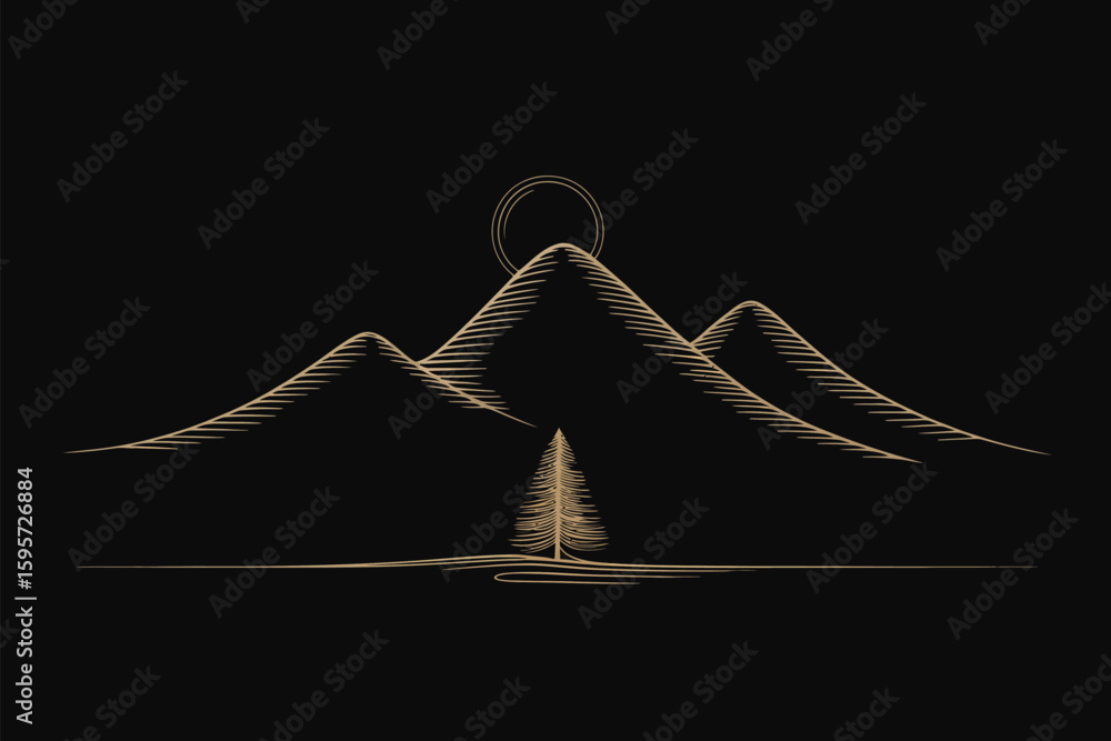 Poster a minimalist line art of mountains with a tree and a sun on a black background with golden lines