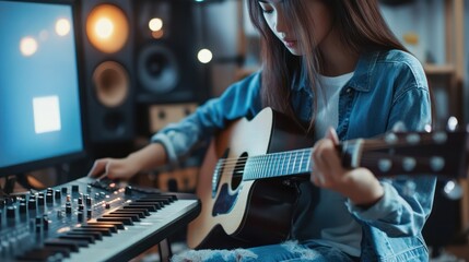 Woman plays acoustic guitar in recording studio