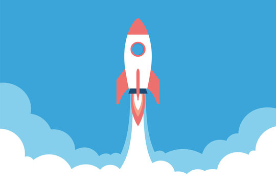 A cartoon rocket ship launching into a blue sky with white clouds in a flat vector illustration