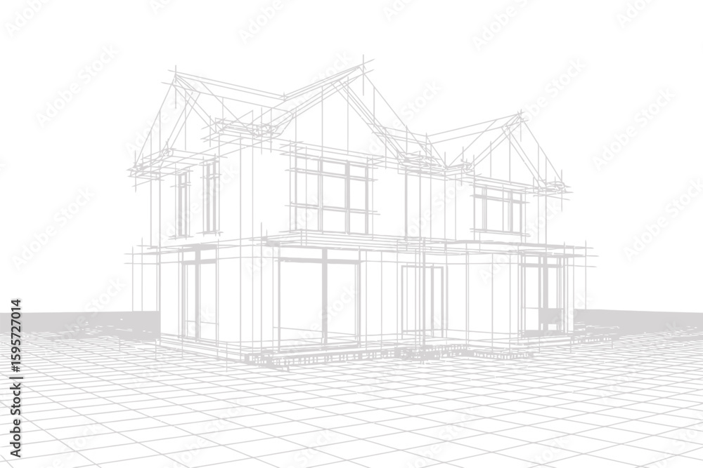 Poster a light architectural blueprint of a house with a grid floor and white background in a wireframe sty