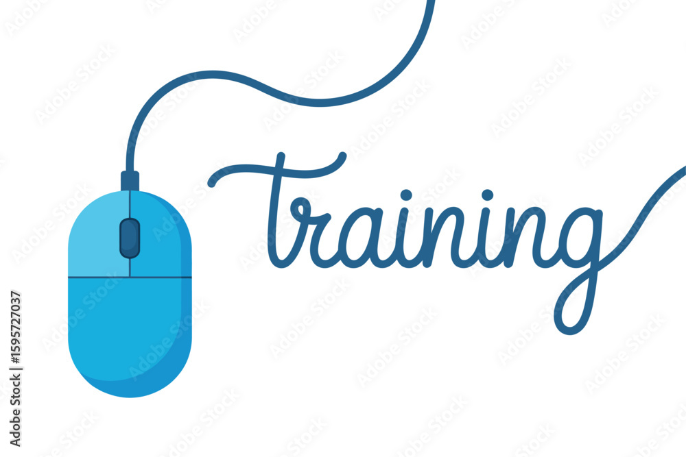 Poster a blue computer mouse connected to the word training in cursive font on a white background illustrat