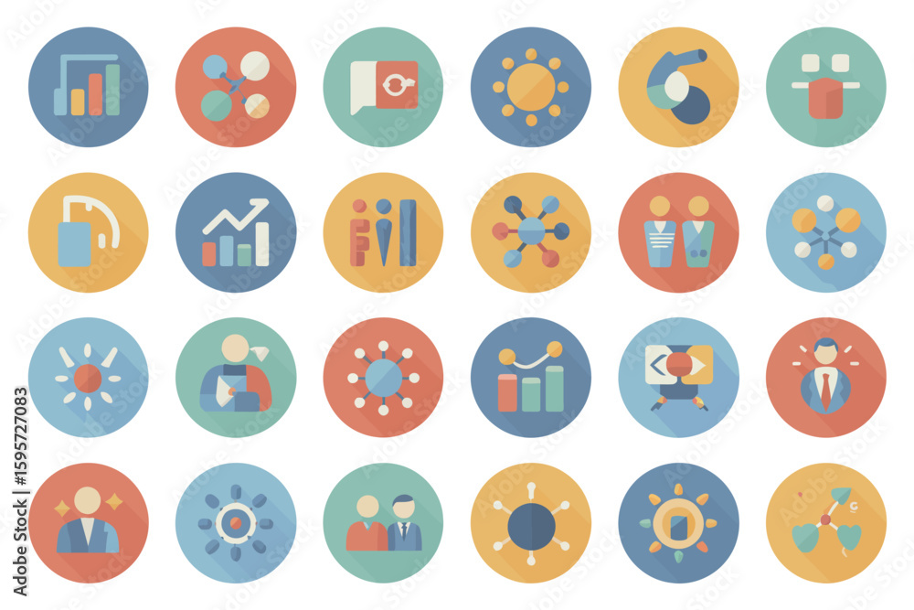 Poster a collection of twenty business and data analysis icons arranged in a rectangular grid on a white ba
