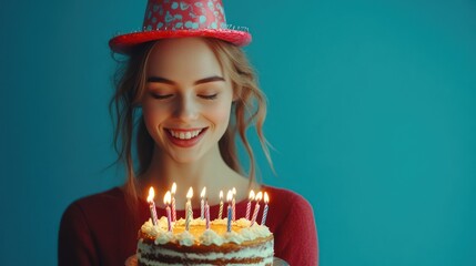 Happy woman with birthday cake