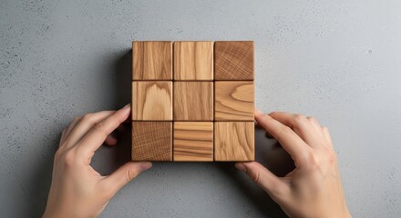 Photo of hands arrange nine wooden blocks into a square grid on a textured gray surface