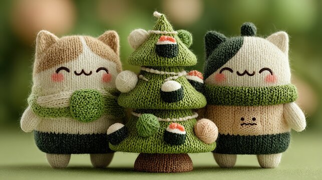 Chubby cats decorating mini Christmas tree with yarn balls and sushi ornaments on wasabi green background, soft pastel lighting. Cute charm illustration for holiday cards, digital art, or festive deco