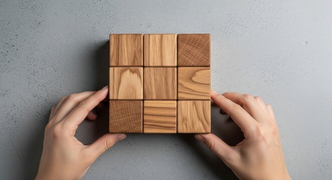 Photo of hands arrange nine wooden blocks into a square grid on a textured gray surface