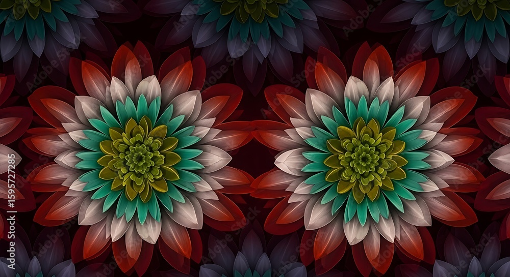 Poster symmetrical arrangement of vibrant floral patterns with a dark background and artistic rendering sty