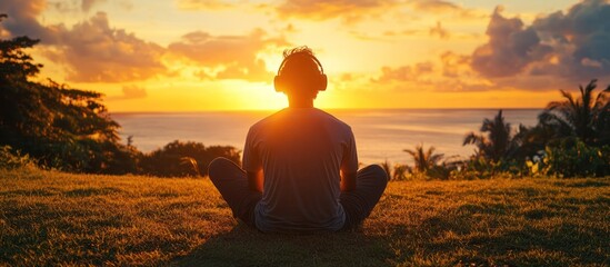 Person meditating at sunset by the ocean
