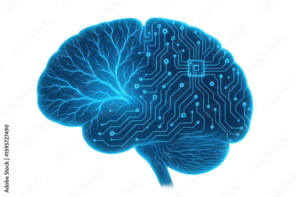Poster glowing neural network with digital circuitry, representing technological intelligence against trans