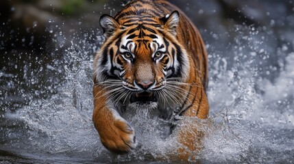 Tiger leaping through water, powerful, focused