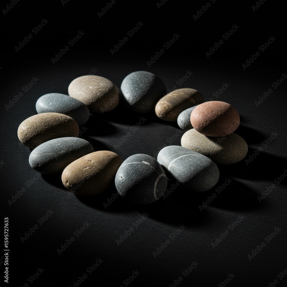 Poster artistic arrangement of smooth river stones in a circular pattern displaying natural textures and co