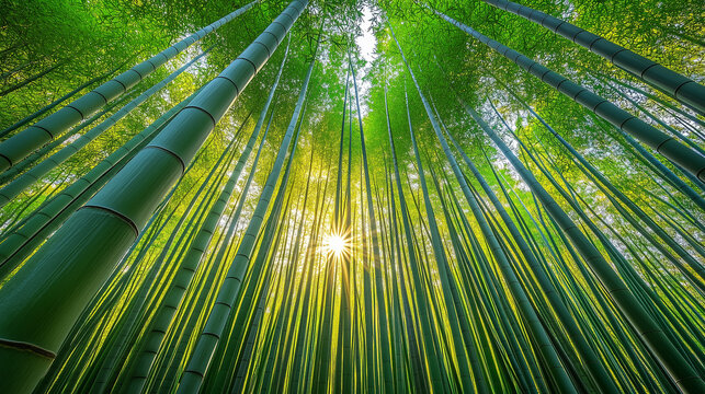 An upward view of a dense green bamboo forest with sunlight shining through. This image symbolizes growth, tranquility, and natural harmony