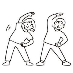 Heat‑stroke prevention – man and woman stretching together, minimal line art illustration