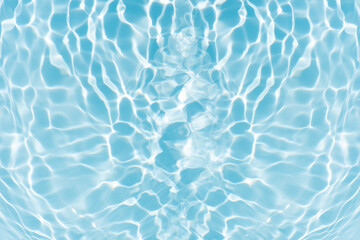 Fototapeta premium Blue water with ripples on the surface. Defocus blurred transparent blue colored clear calm water surface texture with splashes and bubbles. Water waves with shining pattern texture background.