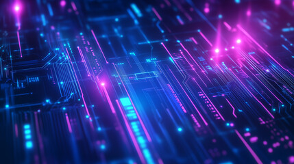 Obraz premium A futuristic digital landscape with glowing blue and pink data streams on a circuit board. This is perfect for technology or cyberspace concepts