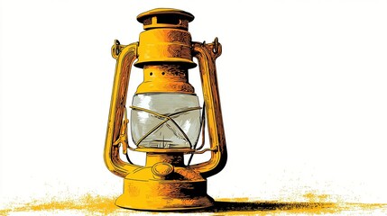 Isolated, detailed, and vintage-style illustration of a golden oil lantern casting a shadow against white