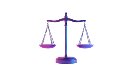 3d render minimalist scales of justice purple and blue on white background
