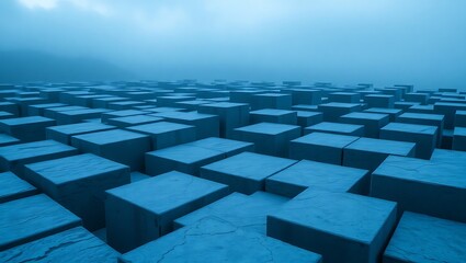 Aerial view of a dense field of blue cubes under a hazy sky creating an abstract landscape scene