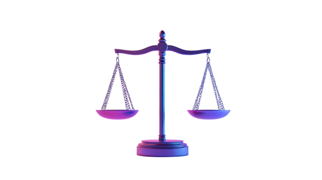 3d render minimalist scales of justice purple and blue on white background