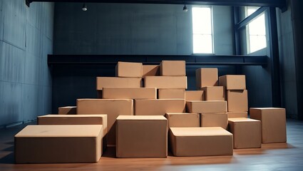 A collection of cardboard boxes stacked in a room with windows and a dark wall and wooden floor space