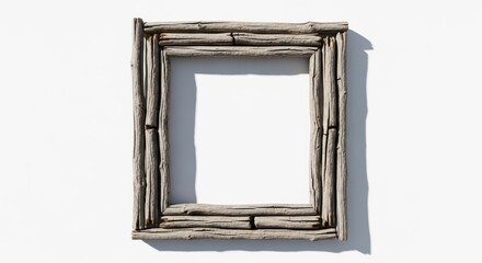 Photo of a rustic wooden frame made of logs, isolated on a plain white background
