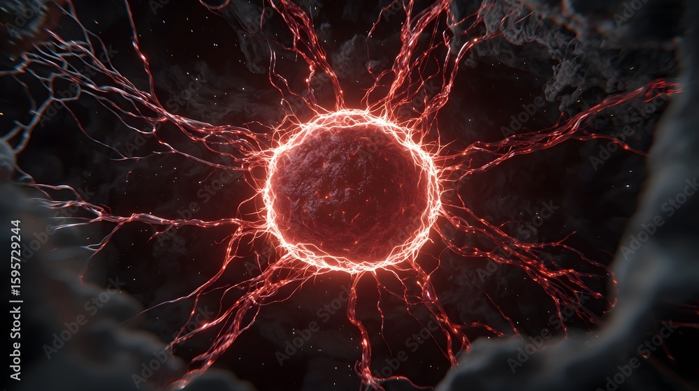 Poster a glowing red sphere emanates fiery tendrils in a dark, textured space, creating a visual representa