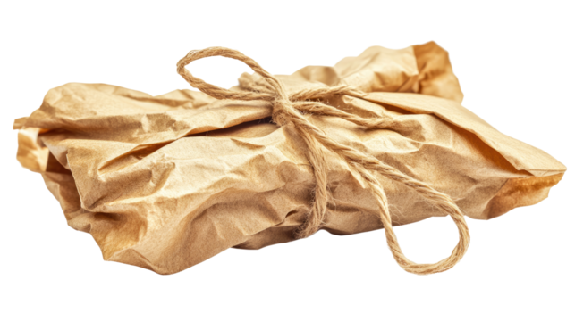 a view of brown paper tag slightly crumpled with rope on white background
