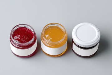 Three small glass jars with blank labels, filled with red, yellow, and brown preserves