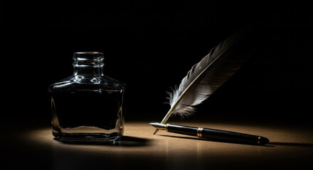 Elegant Vintage Writing Setup Featuring Ink Bottle, Feather Quill, and Pen in Dramatic Light