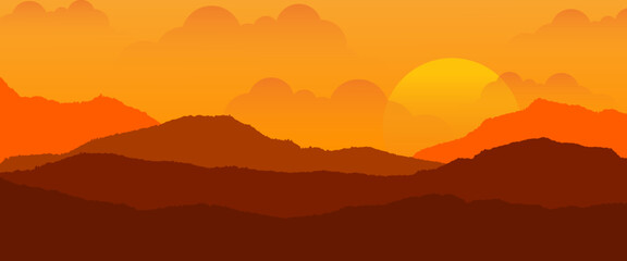 Mountains panorama. morning sunrise forest vector background illustration of panorama nature landscape. sunset background.