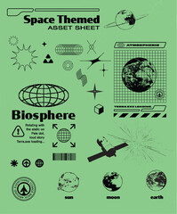 Retro Space Themed Y2K Streetwear Asset Sheet | Futuristic Sci-Fi Illustrations