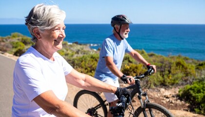 Senior couple enjoying a bike ride along a coastal path with ocean views on a sunny day.