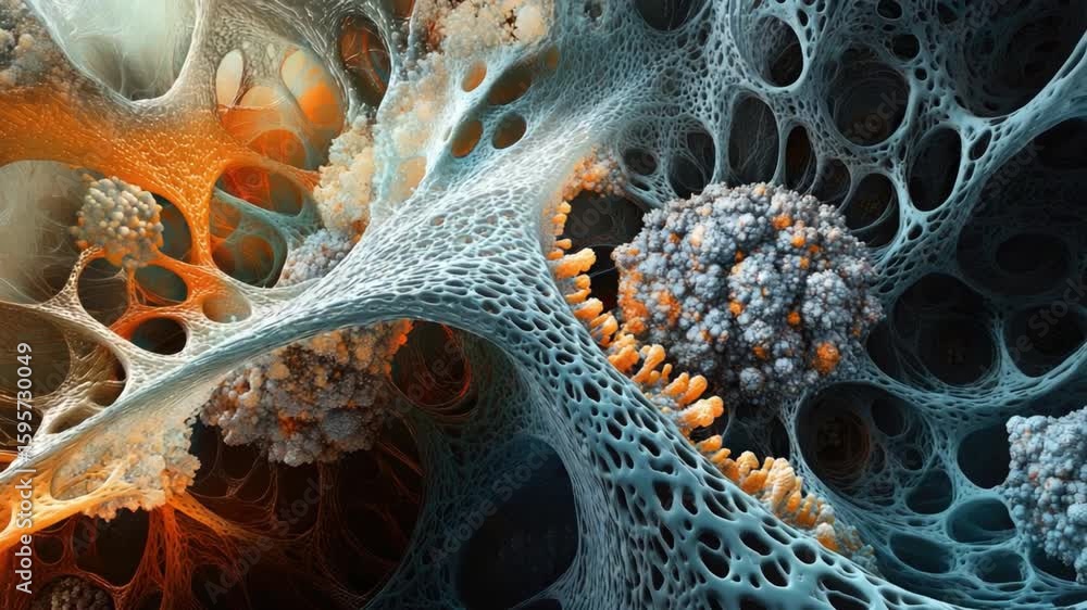 Poster abstract 3d rendering of colorful cellular structures with intricate textures and patterns in a mode