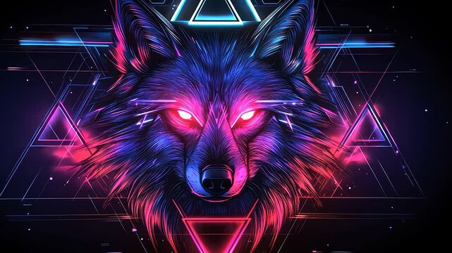 Neon wolf graphic art with geometric shapes
