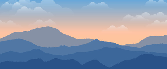 Flat minimalistic design. Panorama of a mountain landscape. Easy to change colors. sunrise background. sunset background.