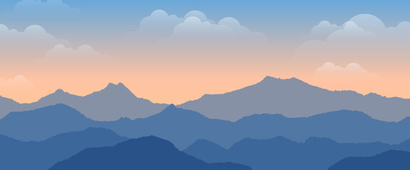 Flat minimalistic design. Panorama of a mountain landscape. Easy to change colors. sunrise background. sunset background.