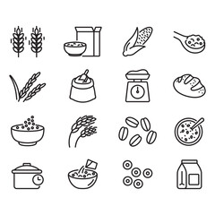Cereals icon set. Line style vectors. Contains icons for wheat, bread, flour, cereal preparations, and more.