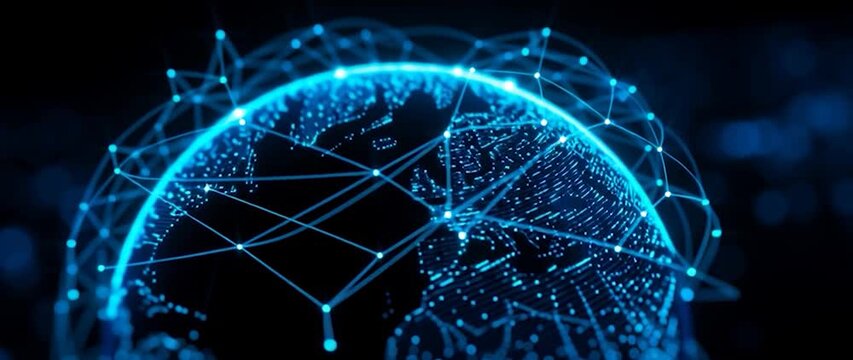 Anamorphic video Globe with digital lines, communication and global data network connections concept